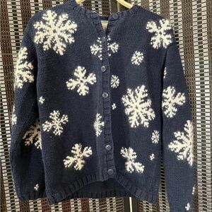 Eddie Bauer Blue and White Cardigan Sweater with Snowflake Pattern